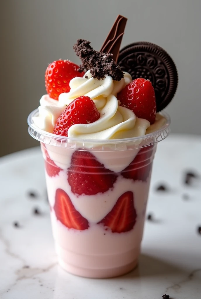 8 ounce plastic cup of strawberries and cream, with decorative chocolate and ore powder cookie on top