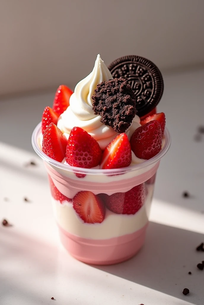 8 ounce plastic cup of strawberries and cream, with decorative chocolate and ore powder cookie on top