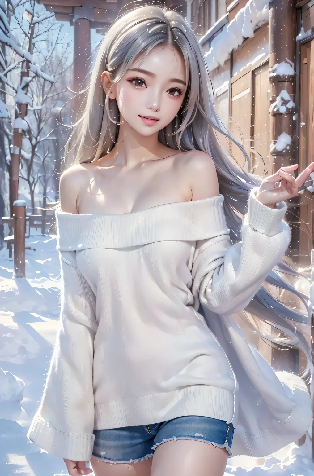 ((masterpiece:1.5、8k、Portraiture、Photorealistic and very detailed CG、Very detailed、Particle Effects、Dynamic Effects、Shallow depth of field、Cinematic Light、Lens flare、Ray Tracing、Tabletop、Realistic:1.4、Ultra-high resolution:1.2、Realistic、Realistic))((alone、 off shoulder knit sweater、Shorts、Elegant woman posing、Detailed face、brightexpression、young, bright, Whiter skin、Ample breasts、Best Looks、Ultimate beauty、Shiny silver hair with highlights、bright and shiny hair,、Super long, Silky straight hair、Hair dancing in the wind))(morning、The setting is outdoors in the snow、Surrounded by illuminations). from behind:1.5, look back
