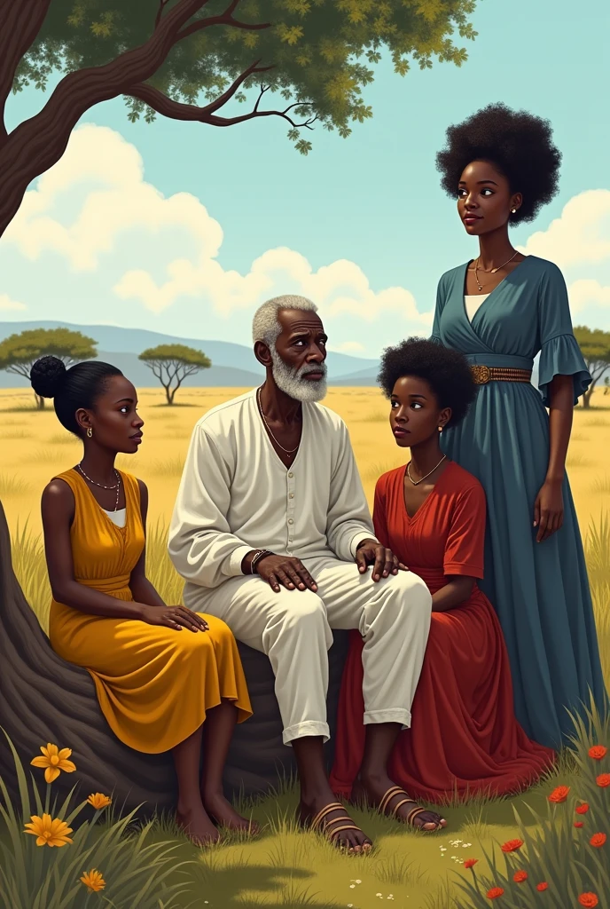 An old black man sitting dressed in white, a very old black woman sitting dressed in dark yellow, a black woman dressed in red and a young black woman dressed in blue in a savannah
