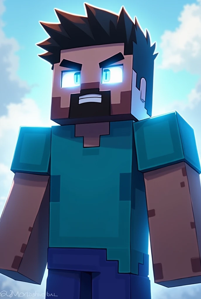Steve from Minecraft with glowing white eyes dadass , your muscular body , with a light blue anime style shirt, with a shallow beard , a square body