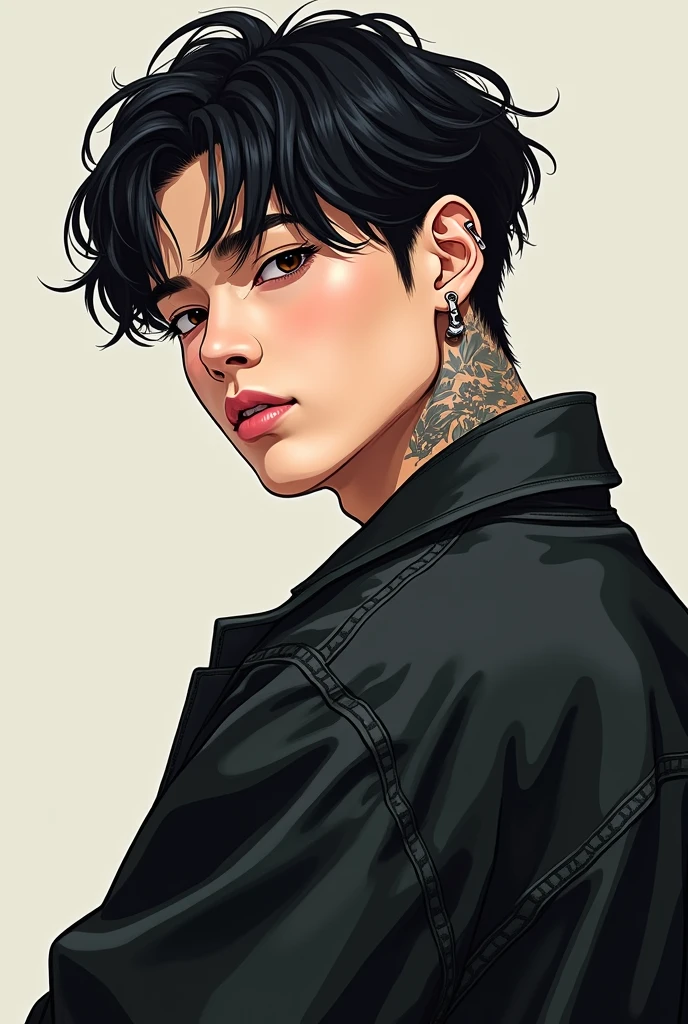 Create a realistic illustration of BTS member Jungkook wearing a black jacket, showing off her tattoos and that on her face near her ears she has three piercings 

