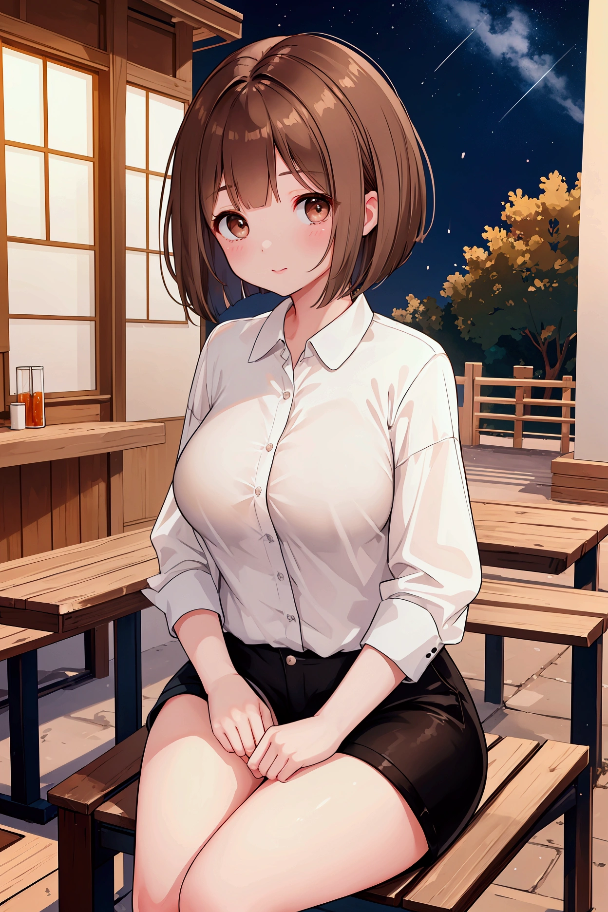Photorealistic、Highest quality、Highest Resolution、Highest quality、16K、1 beautiful adult woman、Cute face、Delicate face、Bob cut hair、Ash brown hair color、Brown eyes、Delicate eyes、Beautiful Eyes、Beautiful breasts、Big Breasts、White shirt、Black shorts、Night Park、