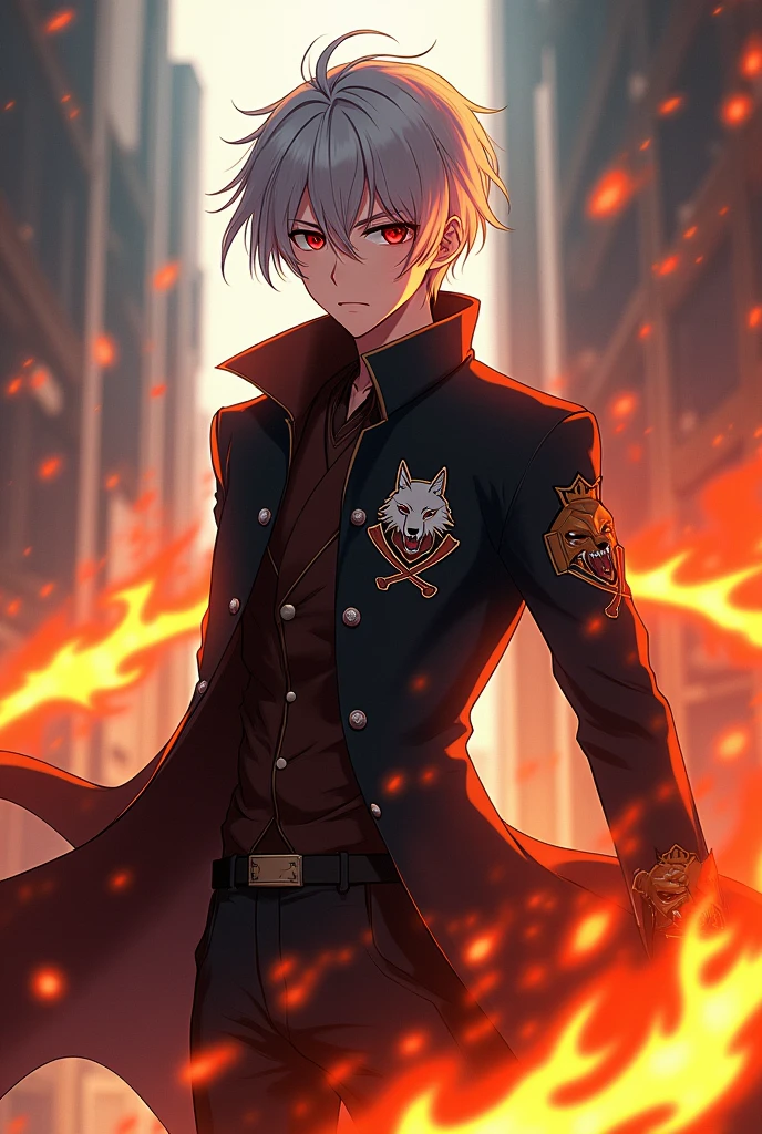 animated, man 25 years old, short straight silver hair, reddish orange pupil, fire capacity, vêtement manteau noir (with logo of a wolf's head with two sabers), on voit son corps complet