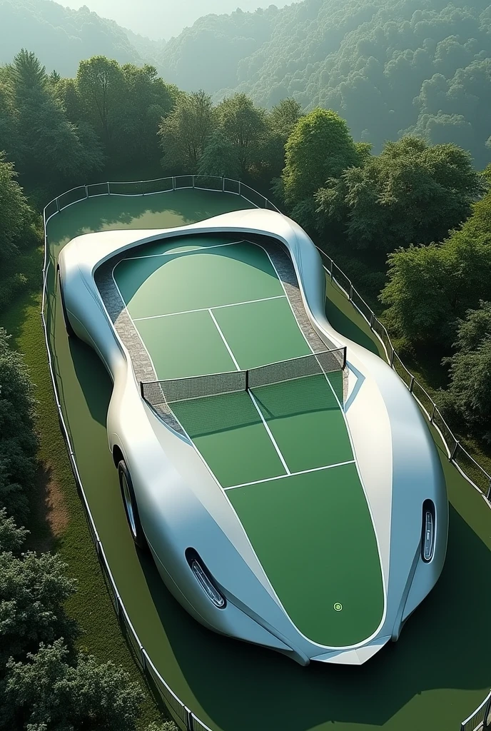 A tennis court in the shape of a car