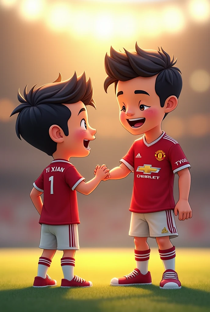 A boy who is Ronaldo fan. He loves playing football. He meet Ronaldo one day. Ronaldo with Manchester United logo shirt. The boy shirt have his name: Yi Xian. Cartoon.