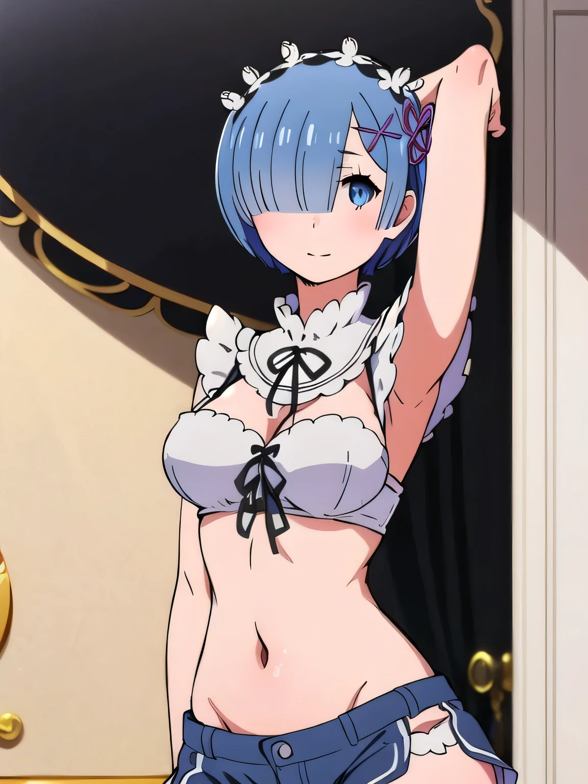 all realistic intricate details, masterpiece, best quality, highres, rem1, 1girl, solo, rem \(re:zero\), blue hair, short hair, red eyes, hair over one eye, ribbon trim, hair ribbon, x hair ornament, frills, crop top white, denim shorts,medium breasts, cleavage, sedection pose , hair flower, outdoor, standing, smile, perfect background, perfect light