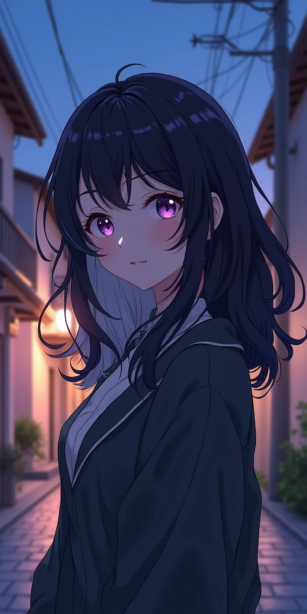 (best quality, ultra-detailed, photorealistic: 1.39), bright and vibrant colors, studio lighting, romantic expression, An effeminate girl, with a delicate and beautiful face. A woman with 1,70 tall, with black wavy hair and white highlights, purple eyes in manga style, fully body , on the street at night, houses and buildings, she is in love, anime style, Anime Hentai