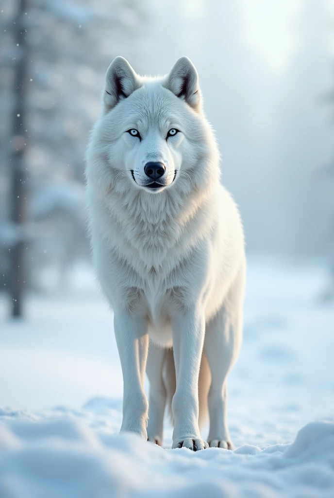 "Majestic white wolf standing in snow-covered landscape, Unleash an aura of beauty and power."