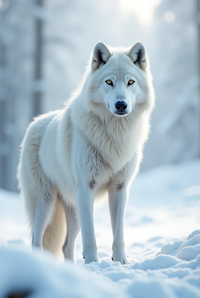 "Majestic white wolf standing in snow-covered landscape, Unleash an aura of beauty and power."