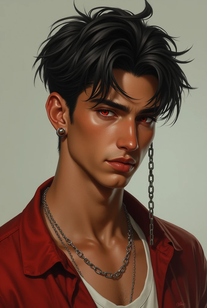Generate a man, brunette skin, Eyes red, short black hair, chain earring on the right ear, athletic tax, smirk on face, young man in his 20s
