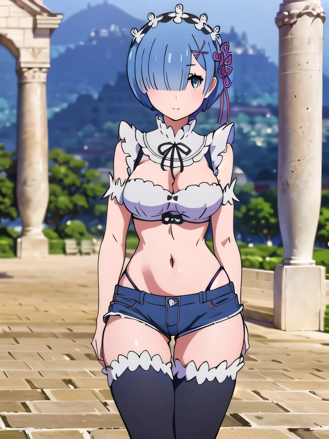 all realistic intricate details, masterpiece, best quality, highres, rem1, 1girl, solo, rem \(re:zero\), blue hair, short hair, red eyes, hair over one eye, ribbon trim, hair ribbon, x hair ornament, frills, crop top white, denim shorts,medium breasts, cleavage, sedection pose , hair flower, outdoor, standing, smile, perfect background, perfect light