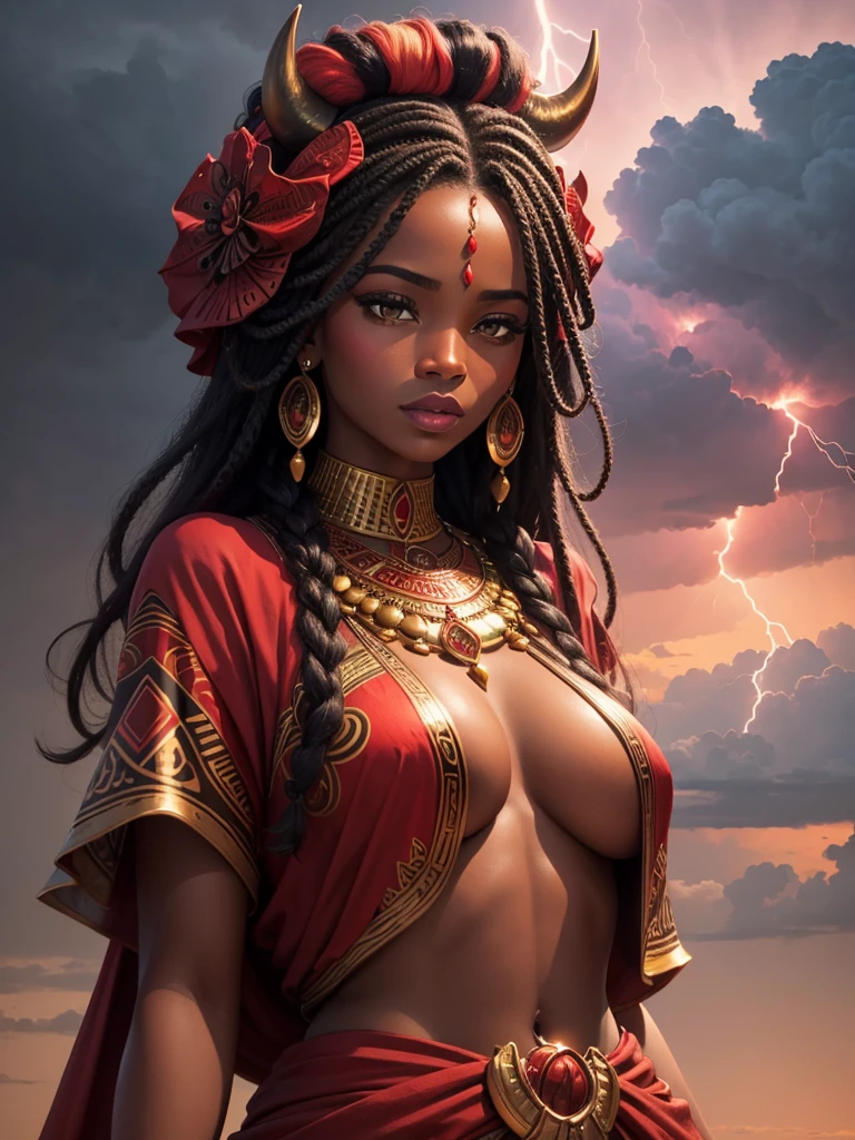Create iPhone wallpaper of African Goddess Iansa with vibrant colors in shades of red, a buffalo on the back, and a cloudy sky with lightning falling