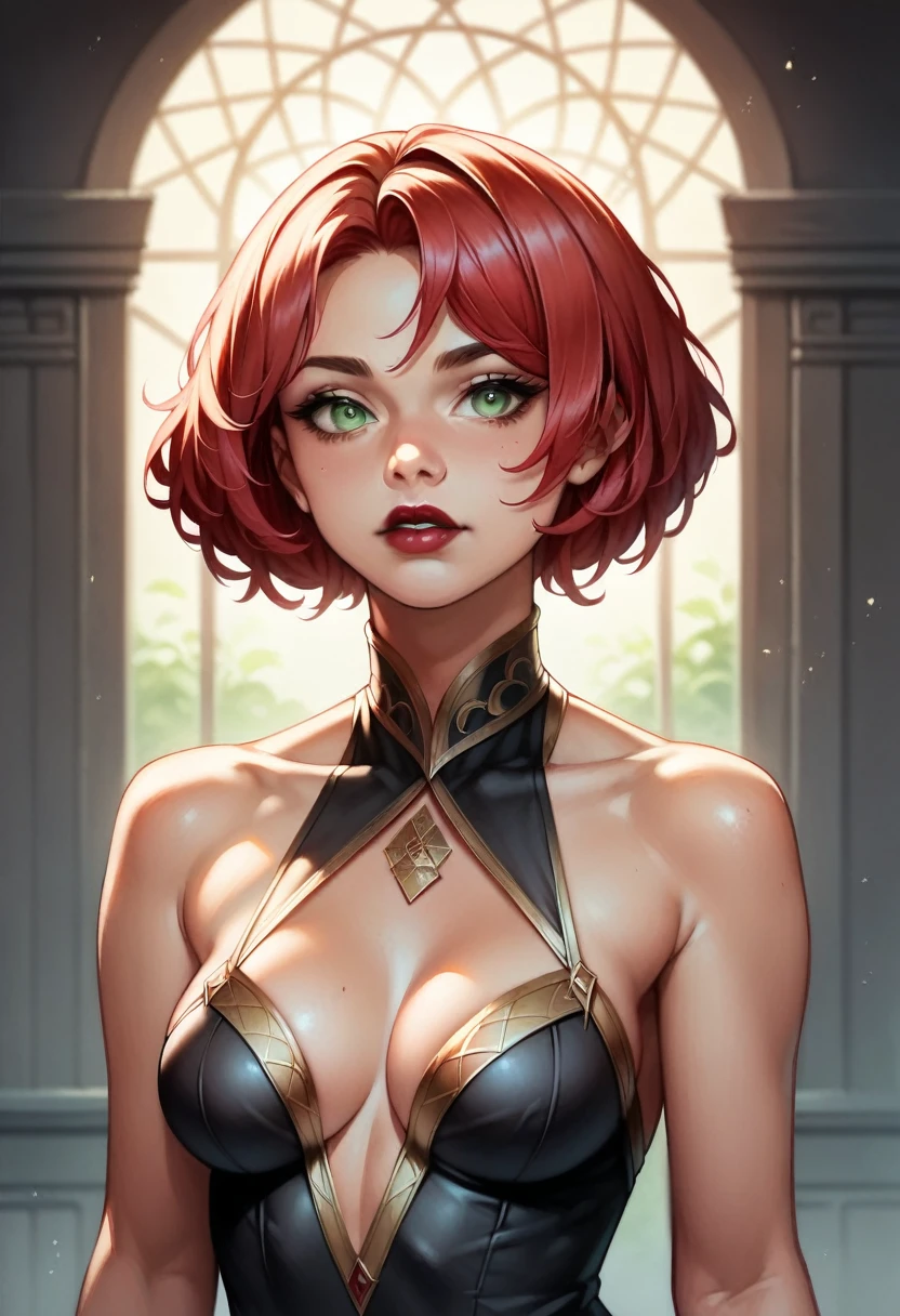 (high-level image quality), (high quality), (high resolution), (detailed), (masterpiece), beautiful woman, ((caucasian)), green eyes, red hair, short hair, dark red lipstick, slender body, perfect eyes, Detailed face, black plain dress