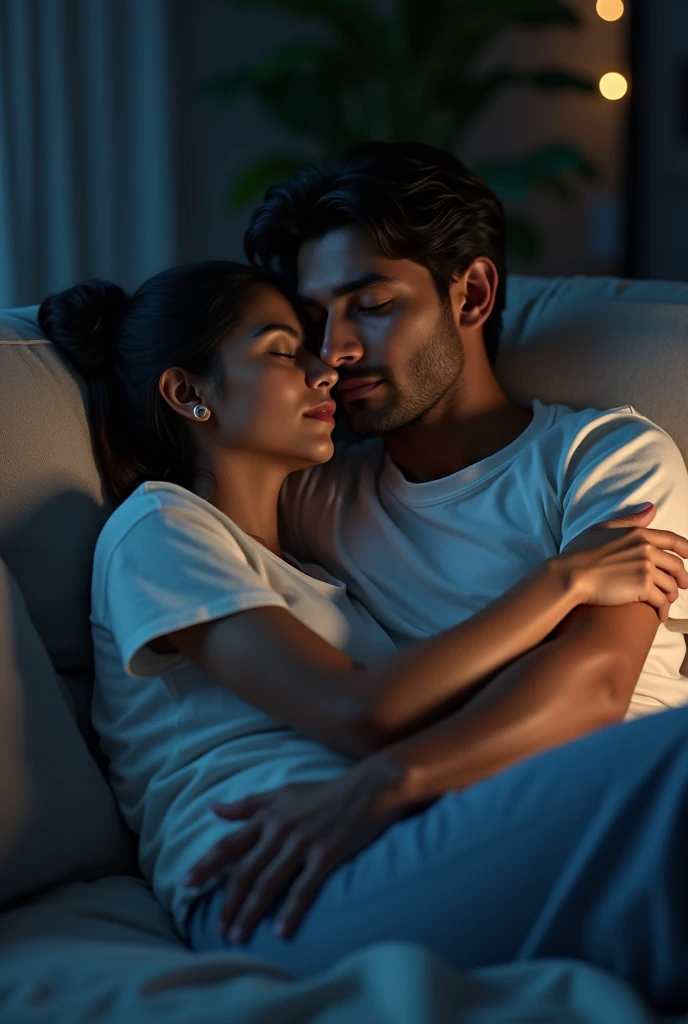 indian 40 year old woman sleeping on sofa, weras tshirt and pajama, and 30 year old handsome man wears tshirt, laying behind her on sofa, hugged her from behind, at night.
