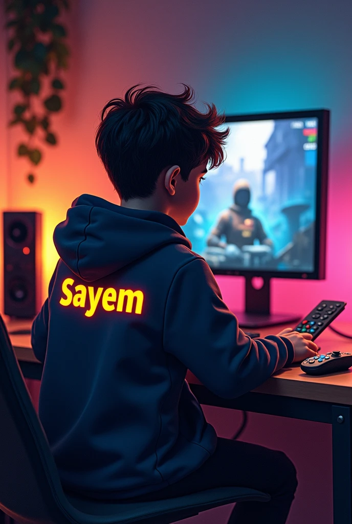 A boy playing free fire on pc in a room with remote controler and wear a japce in this japce the name of the boy's was showed and it was Sayem