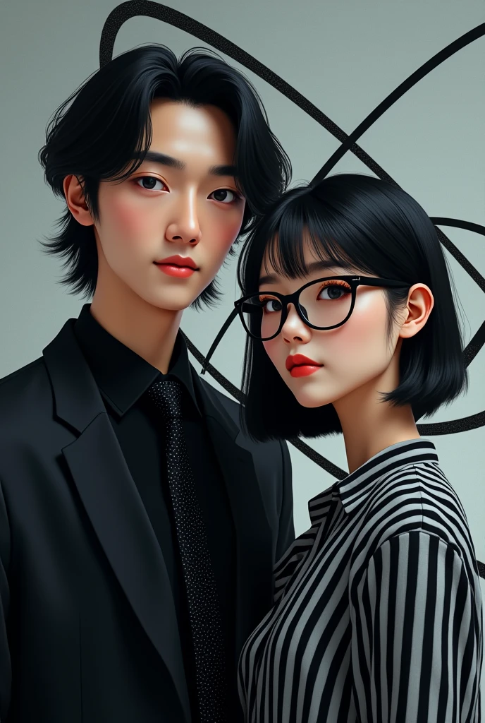 Un garçon avec une chemise noire et une cravate noire avec des petits points blancs cheveux longs et noire et une fille coupe de cheveux au carré plongeant avec des yeux verts et des lunettes, avec une chemise noire à rayures blanches. Puis derrière en fond un atome