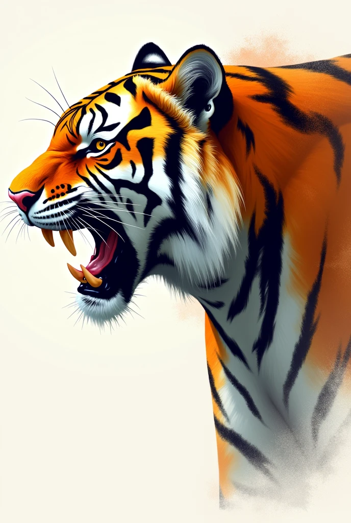 A drawing with brush colors of a tiger's head in profile with its mouth open