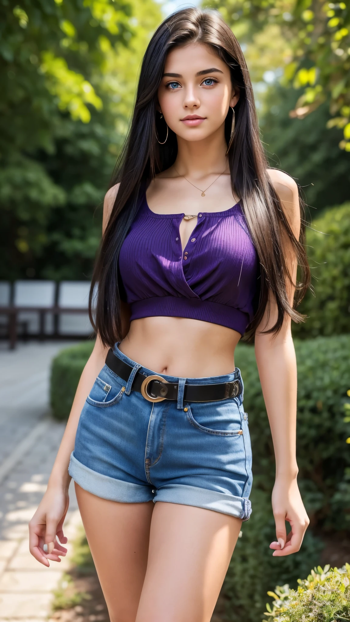 Beautiful 18-year-old brunette girl with fair skin, blue eyes, long straight black hair, wearing earrings, wearing a short purple blouse and short high-waisted denim shorts with a belt and showing the T-shaped belly button of her thick legs