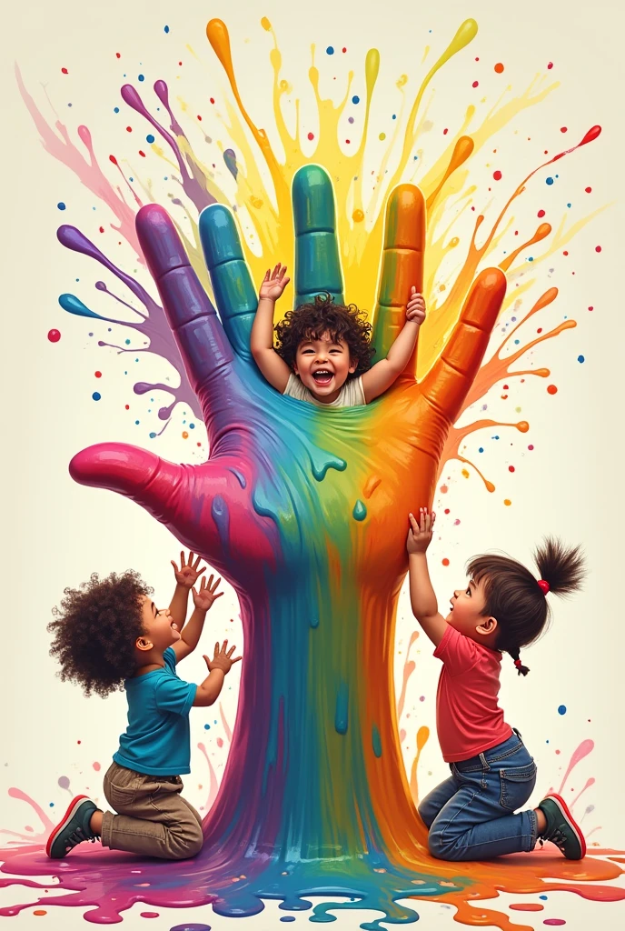 Happy children squeezing colorful paint from a latex glove