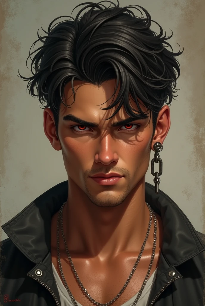 Generate a man, brunette skin, Eyes red, short black hair, chain earring on the right ear, athletic tax, smirk on face, young man in his 20s