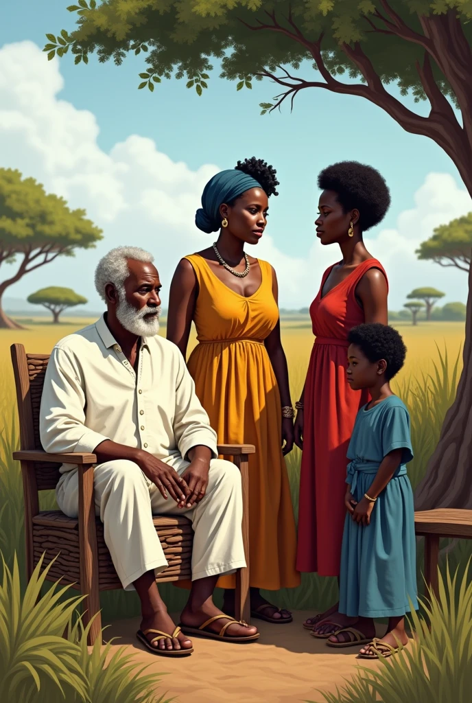 An old black man sitting dressed in white, a very old black woman sitting dressed in dark yellow, a black woman dressed in red and a young black woman dressed in blue in a savannah