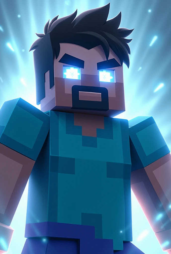 Steve from Minecraft with glowing white eyes dadass , your muscular body , with a light blue anime style shirt, with a shallow beard , a square body 

