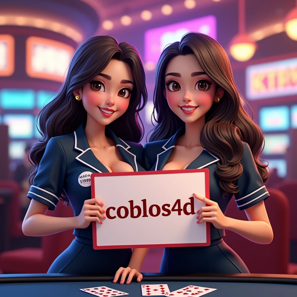 indonesian high school uniform girls holding up a big sign "COBLOS4D SLOT GACOR", teasing smile, RealCartoon-Pixar, photorealistic, oil painting, casino background, standing behind poker table