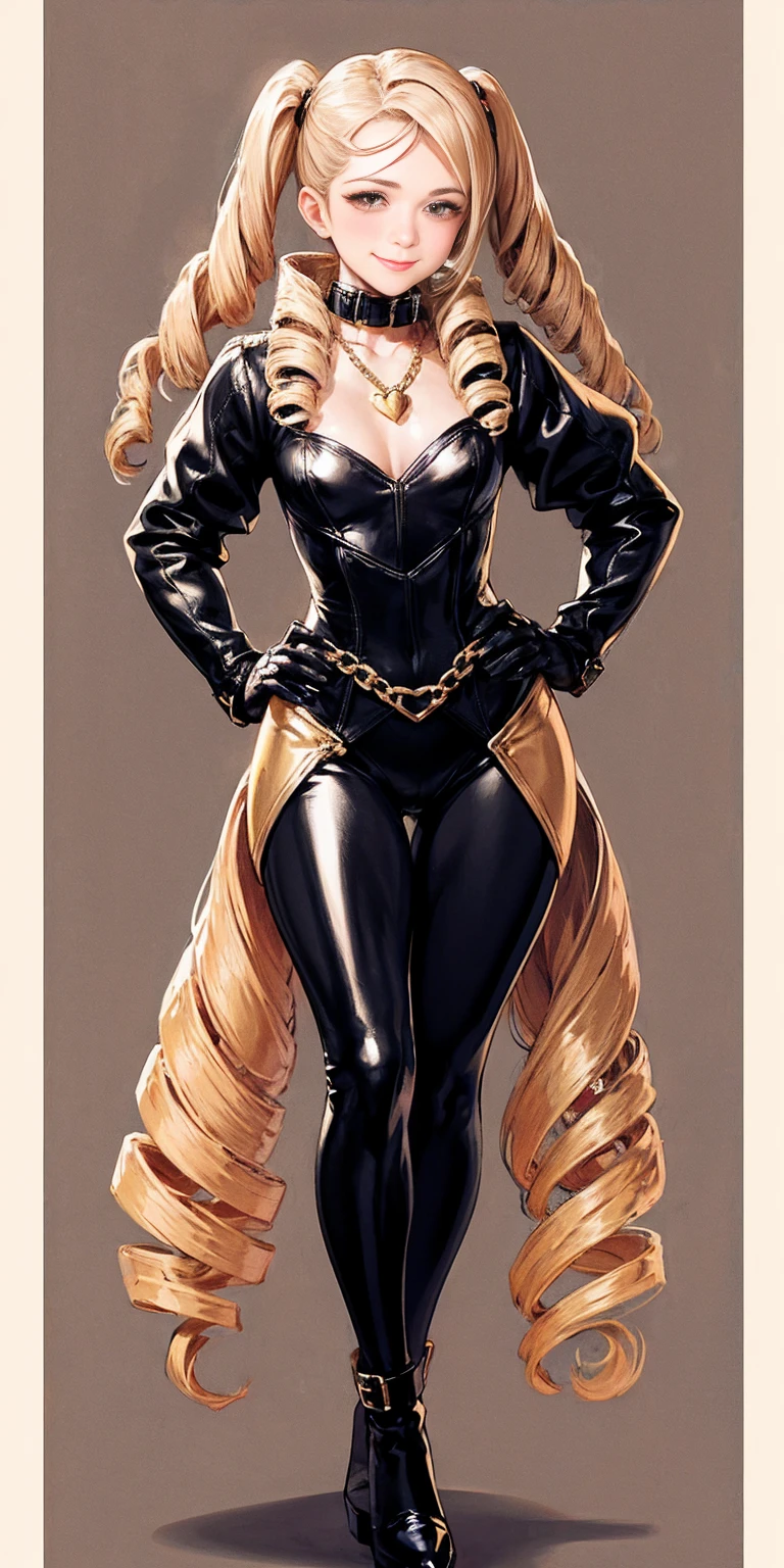 1solo Milf full body standing straight symmetrical, looking at viewer, hands on hips, twin drills twintails, striped pantyhose, golden handcuffs on their hands with a black leather collar around the golden heart necklace and black leather choker with golden bell, hands on hips, lustful smirking smile face red blushed