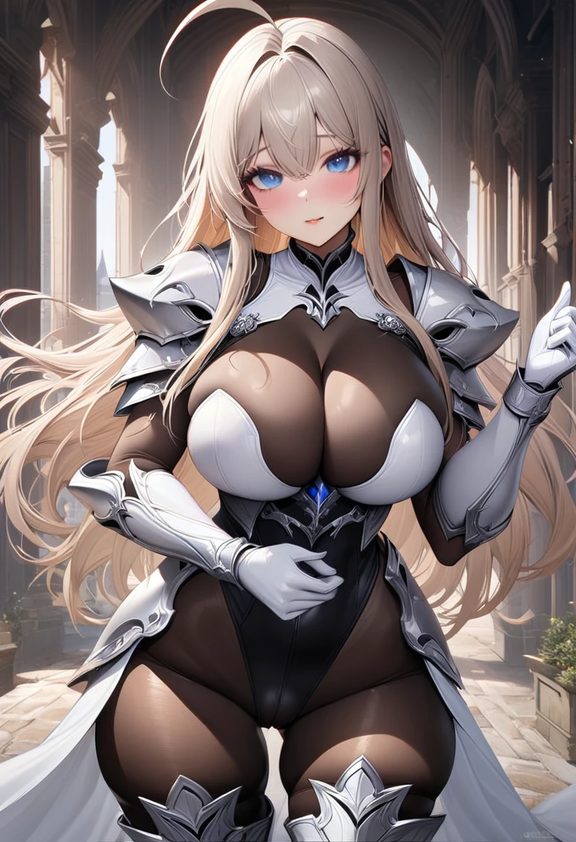 ((UHD)), ((masterpiece)), ((hyperrealistic)), anatomically correct, accurate, high quality, extremely detailed,(solo), 1girl, ((curvy)), ((skindantation: 1.2)), perfect face, ((azur lane)), ((white armored dress: 1.3)), ((white paladin armor)), ((skin-tight black latex leotard)), (ultra high leg cut: 1.2), ((white knight armor breastplate)), ((skin-tight black Investigator Bodystocking: 1.5)), ((pauldron)), (white long gauntlet gloves), ((Platinum Blonde long straight hair)), ((Compressed soft large breasts)), (tight black pantyhose thighs), ((tight thigh boots)), ((pantyhosis cleavage)), zettairyouiki, Perfect and beautiful blue eyes, Perfect hands, perfect fingers, (makeup: 0.8), (cameltoe: 0.8), cowboy shot, A castle town in a fantasy world, Holding a spear in hand