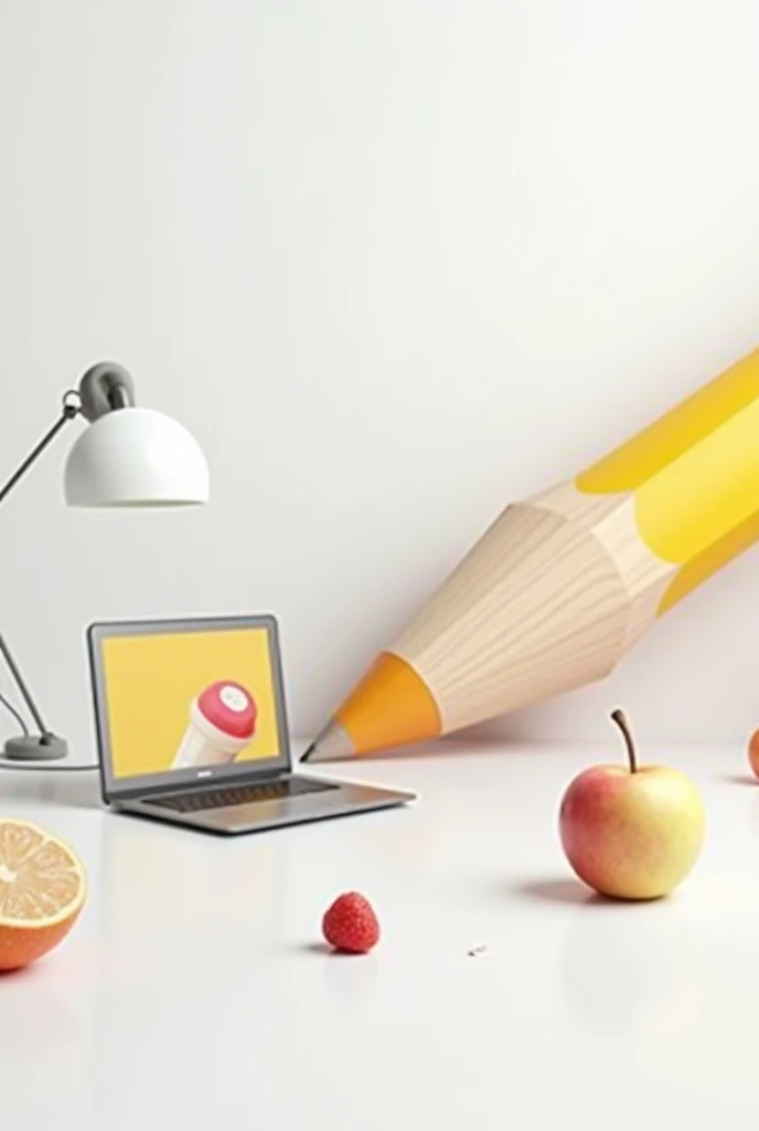 Create various study articles, They have to be in 3D modeling and animated, create a big pencil, A laptop, a desk, and some fruits, The background should be white and all objects separated from each other and around the room.