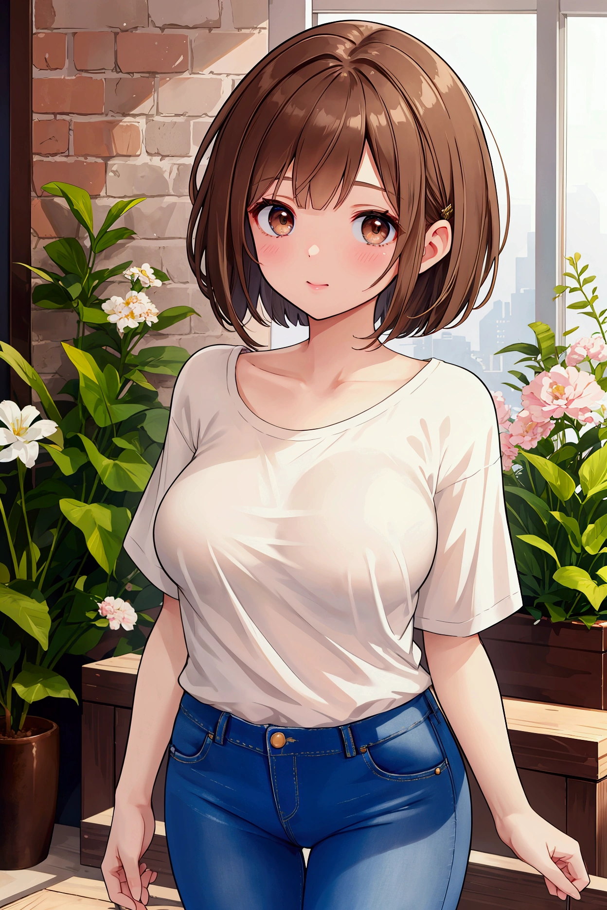 Photorealistic、Highest quality、Highest Resolution、Highest quality、16Ｋ、1 beautiful adult woman、Cute face、Delicate face、Bob cut hair、Ash brown hair color、Brown eyes、Delicate eyes、Beautiful Eyes、Beautiful breasts、Big Breasts、Oversized T-shirt、Tight skinny denim pants、Sexy、