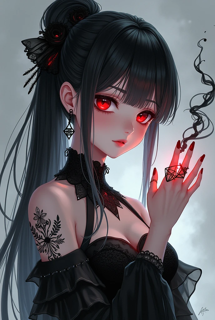 A  anime  girl with black and white dress And her eye is red . Black magical power in her hand And her hair is white and black Beautiful tattoo in  her and and a magical triangle ring in her wrist . 