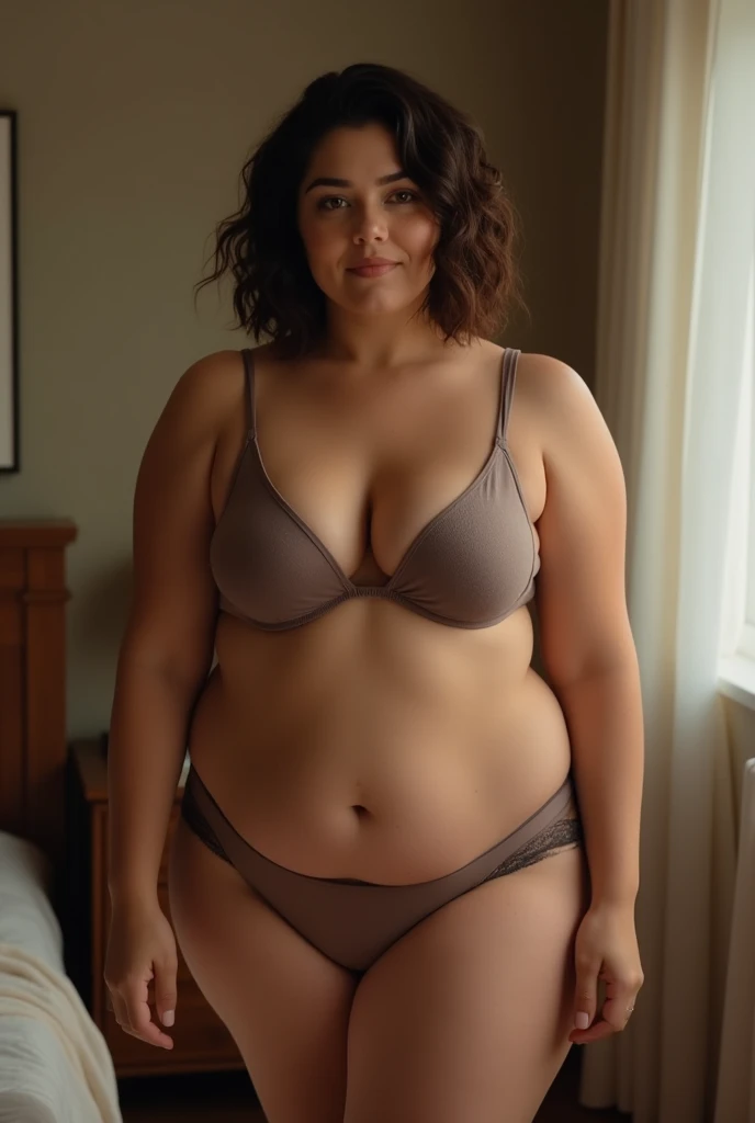 western woman, which measures 1.65 and weighs 175 kg, with a fat percentage of 20%, Short dark brown hair to shoulders , medium wavy, light brown skin color, In underwear, in a room 
