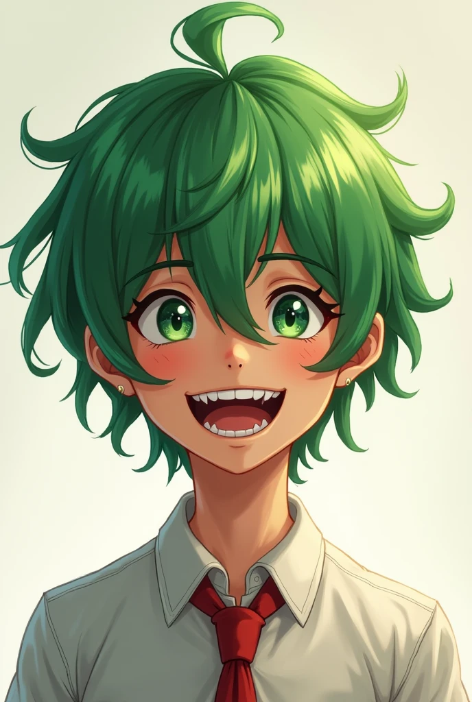 One young man。The skin color is a little tanned.。This character has green hair、Her bangs are so long they cover her eyes。The eyes are hidden by the bangs。The teeth have sharp serrated edges。Don't cover your eyes with your hands。The expression looks very happy and cheerful。He is wearing a white shirt and a red tie。