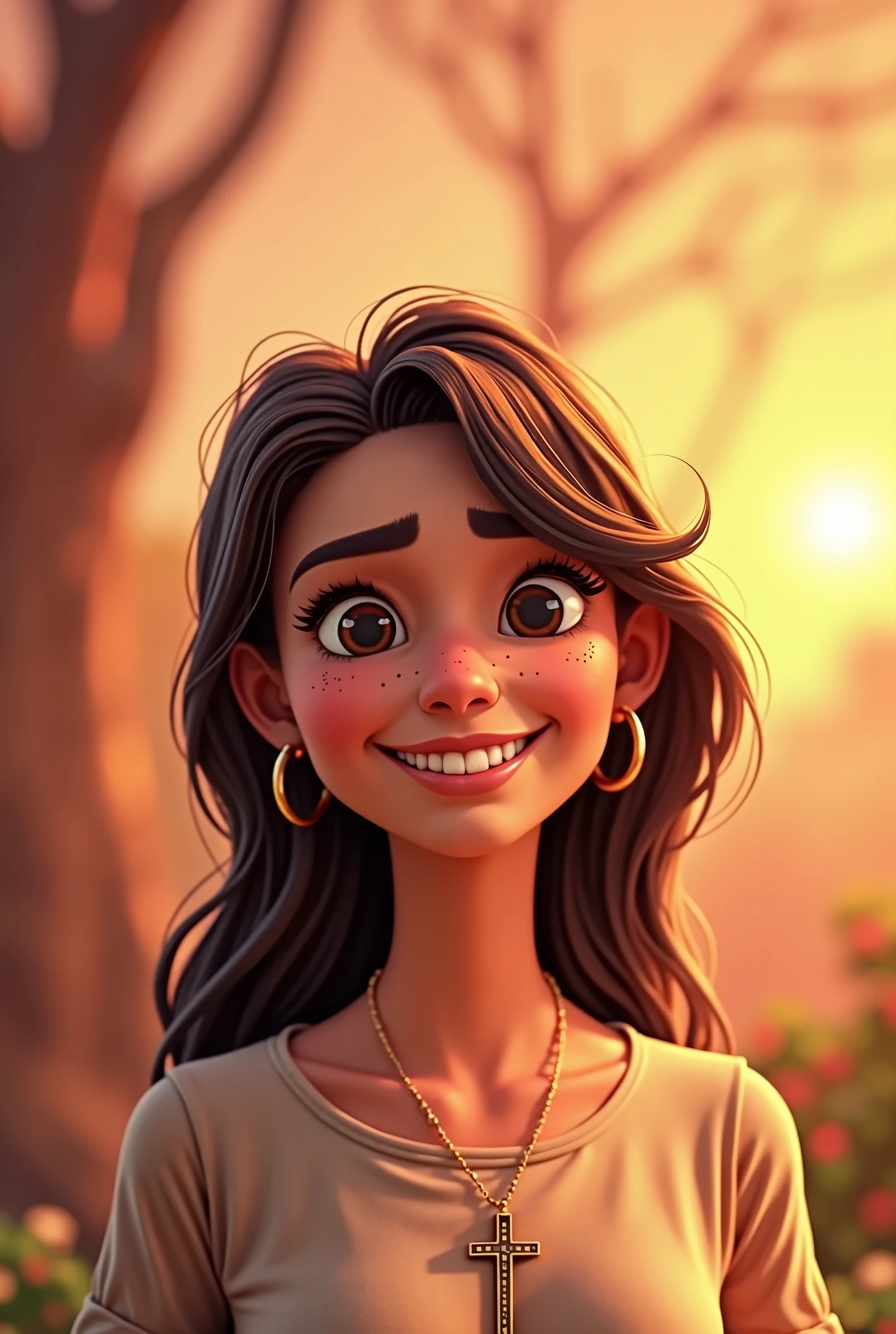 Christian woman smiling and happy,disney pixar style