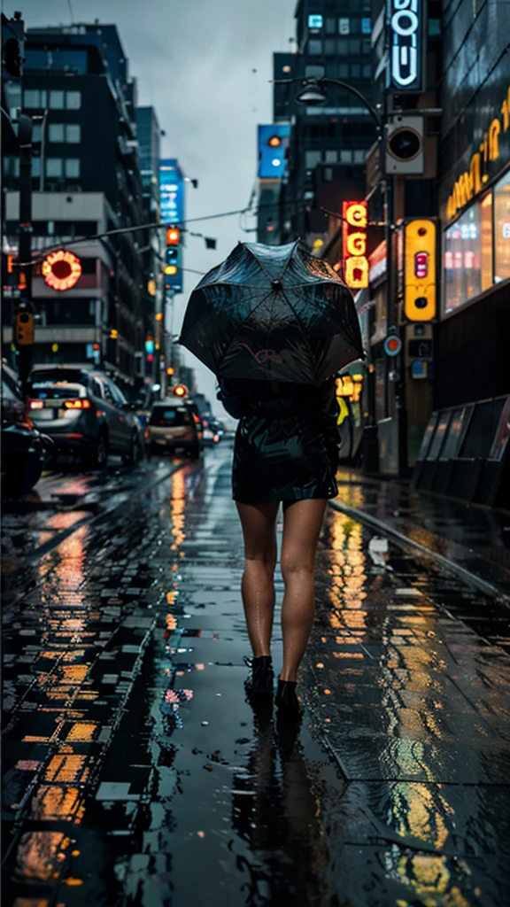 Rainy city street at night with neon signs reflecting on the wet pavement
