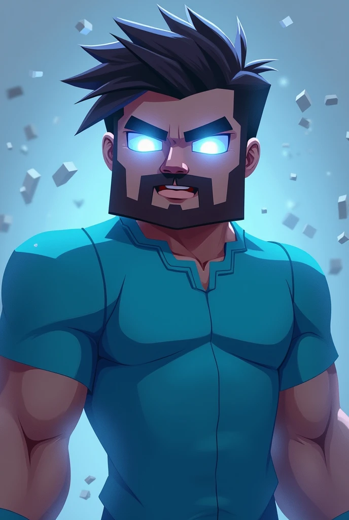 Steve from Minecraft with glowing white eyes dadass , your muscular body , with a light blue anime style shirt, with a shallow beard , a square body