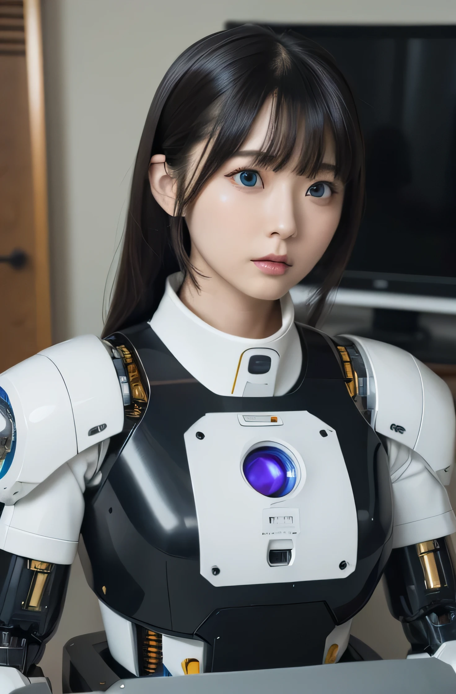 masterpiece, best quality, extremely detailed, Japaese android girl,portrait,Plump,a bit chubby,control panels,android,Droid,Mechanical Hand, Robot arms and legs, Black hair,Blunt bangs,perfect robot girl,long tube,thick cable connected her neck,android,robot,humanoid,cyborg,japanese cyborg girl ,robot-assembly plant,She is assembling now,assembly scene,blue eyes,chest monitor