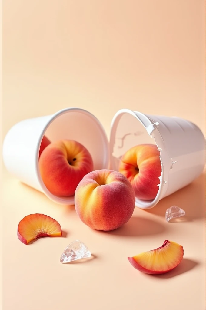 Plastic cup broken in half, There are peaches inside