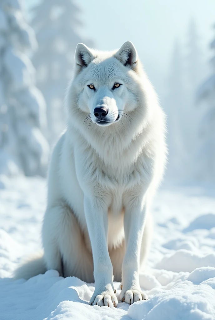 "Majestic white wolf standing in snow-covered landscape, Unleash an aura of beauty and power."