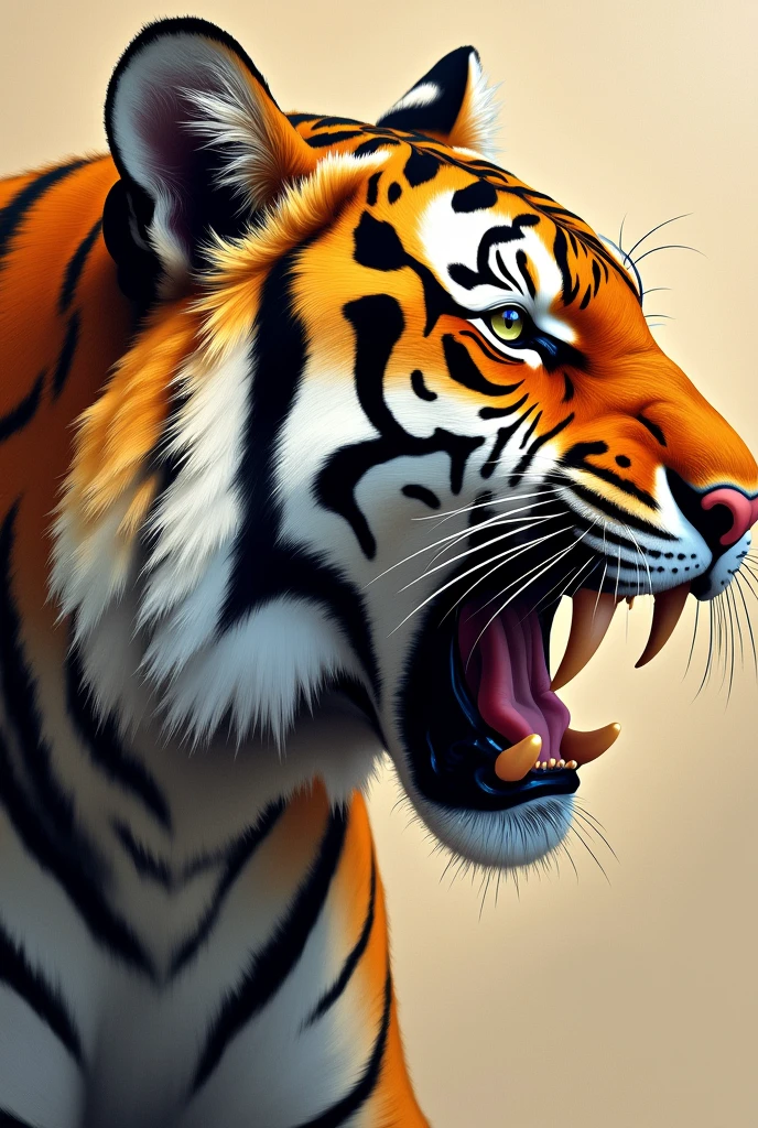 Un dessin avec des coups de pinceaux de la tête d’un tigre de profil la bouche ouverte 