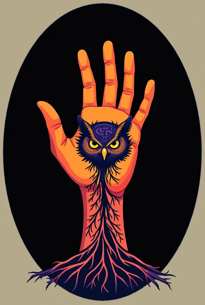 A political logo of a hand coming out of the ground that has roots, in orange with purple on a black background. In the middle of the hand I want it to have the eyes of an owl as a sign of wisdom. Put the initials GEN on the image. I want you to circle the image 