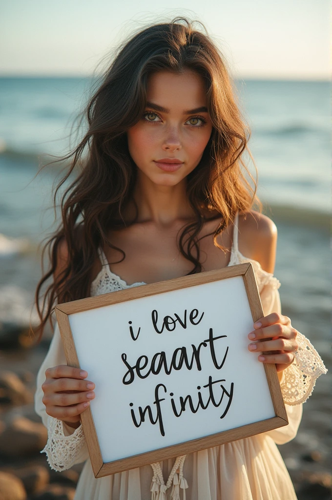 Beautiful girl with wavy long hair, bohemian dress, holding a white board with text "I Love Seaart Infinity" and showing it to the viewer