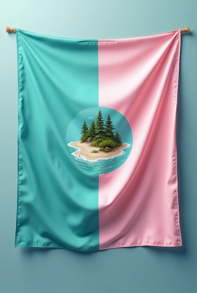 Realistic half turquoise and half pastel pink flag, with an island symbol in the center 
