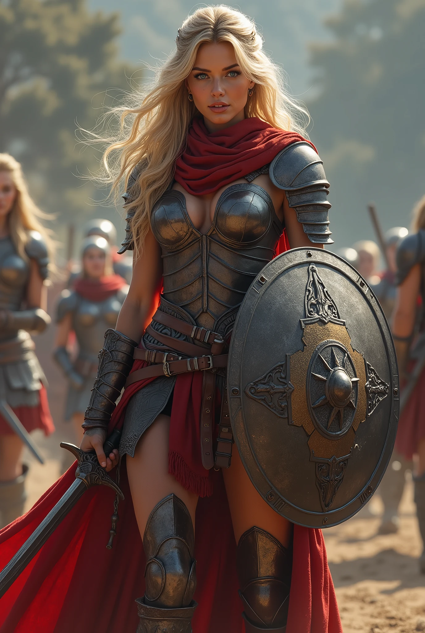 ((masterpiece, highest quality, Highest image quality, High resolution, photorealistic, Raw photo, 8K)), ((Extremely detailed CG unified 8k wallpaper)), (huge stunning goddess shot, very hot and sexy, jaw-dropping beauty, perfect proportions, beautiful body, slim body beauty:1.4), arafed woman in armor holding a sword and shield, portrait of a barbarian female, north female warrior, a very beautiful berserker woman, north adult female warrior, female barbarian, female warrior, portrait of a barbarian woman, barbarian warrior woman, very beautiful female barbarian, barbarian class, portrait of a woman warrior, rpg portrait concept art, (beautiful warrior, holding short sword and small shield, Wearing a red scarf, leather armor), (blonde hair, blue eyes, dark skin), (amphitheatre, Fighting while being watched by the crowd, motion blur), movie poster, large "INFINITY" written at bottom of screen,