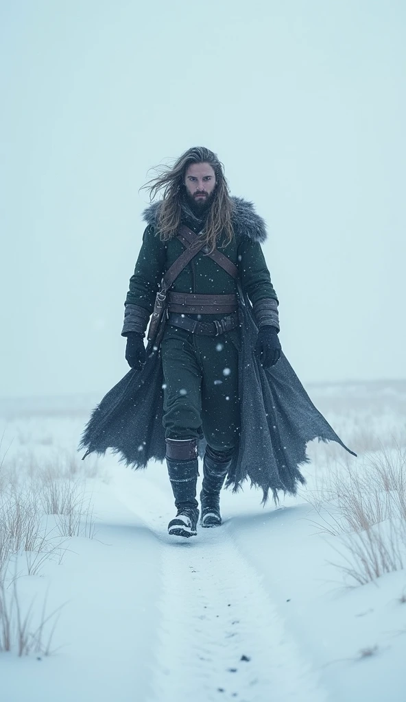 A vast snowy field, Mysterious warrior, long wavy hair, Walking aimlessly, 8k, The snow is fluttering.. lonely, Recluse
