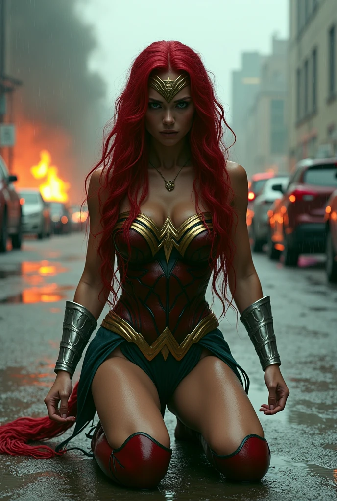 (((A beautiful woman with long red hair in a braid))),Adriana Lima wearing (((A green leather Wonder Woman jumpsuit))) Silver bracelets, red knee-high leather boots, this beautiful woman is on her knees screaming exhausted after an extensive battle in a rainy apocalyptic city, cars and buildings on fire ((((a long head of six-foot-long red prenzil hair)))) reflection of her in her blood red hair logo Marvel universe(((a beautiful woman with extensive hair in a Diaema Wonder Woman braid on her forehead