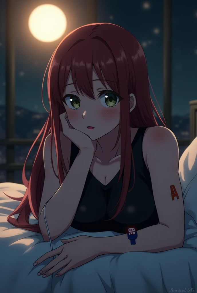 girl from my hero academia with straight dark reddish hair with a little bit of waves although it reaches the waist with a small waist and large breasts and large thighs with green eyes too light although slightly brown too attractive with a slight pink tone on her cheeks and a slight red on my slightly large lips in a dark room being that the moon was the only thing that illuminated it lying on the bed with a shot stuck to my body wearing a black top