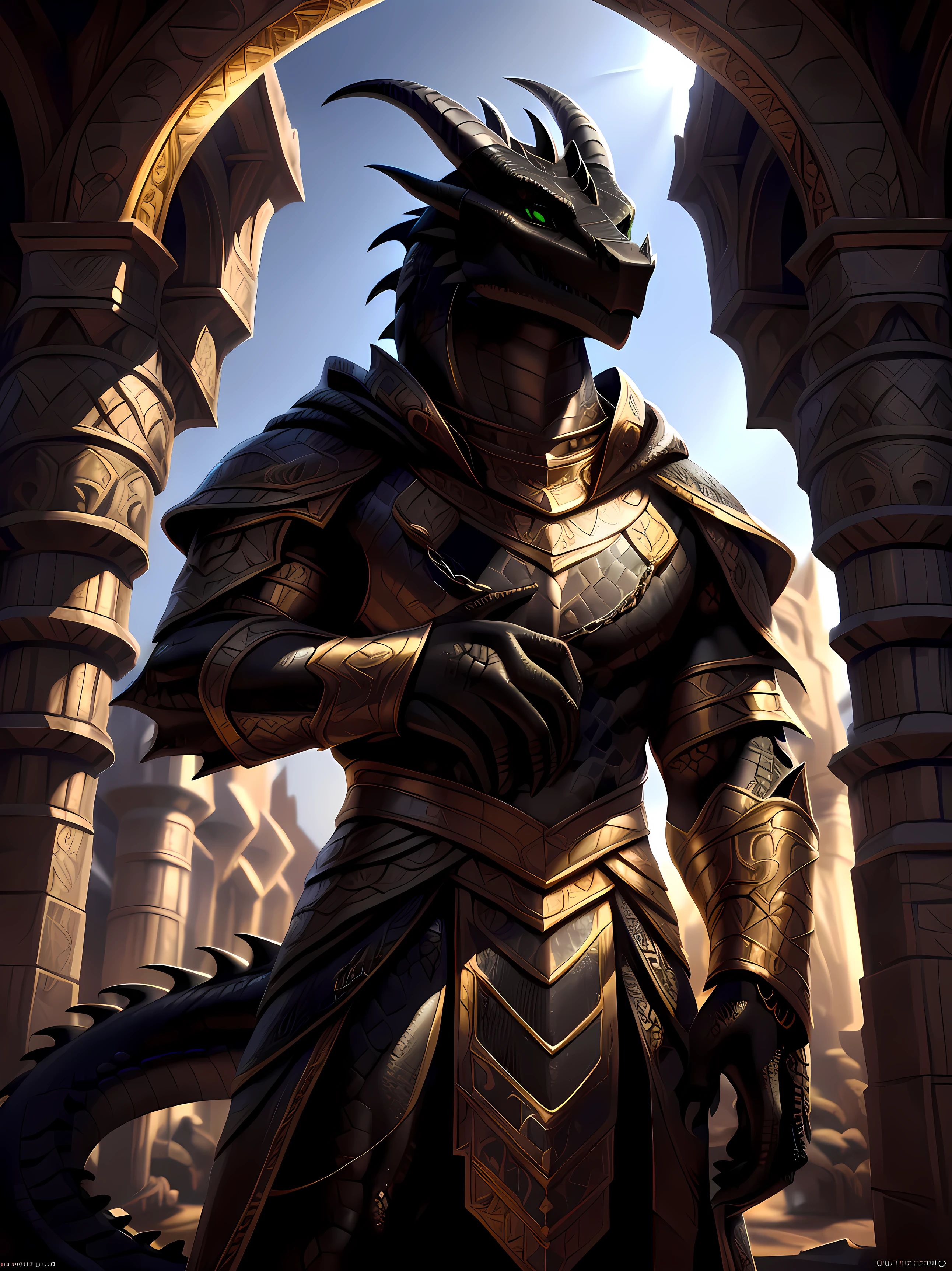 Realistic, detailed, beautiful, masterpiece, HDR, castle interior background, fantasy setting, king, ((gold armor, gold breast plate, chain mail, gold pauldrons, gold greaves, gold leg armor, wearing gold armor, black robes, black cloak, wearing black robes and cloak)) dragon, anthro, male, male body, black skin, (black scales:1.9), (two long thin horns:1.3), green eyes, detailed eyes, perfectly shaped body, confident majestic pose, finger black claws, masculine facial features, seductive gaze, neutral facial expression, black pointed ears, standing tall, out doors, daytime, close-up, portrait, face focus,
(detailed Bonifasko lighting), (detailed scales), (detailed skin), (male dragonborn), BREAK, ((long flowing tail)), ((facing viewer)), (cinematic lighting), ((detailed background)), ((portrait view)), (((close-up))), (good lighting), [backlighting], [crepuscular ray], [detailed ambient light], [gray natural lighting], [ambient light on the belly], (higher wildlife feral detail), [explict content], [sharp focus], (questionable content), (shaded), ((masterpiece)), furry dragonborn, reptilian face, furry Fantasy Art, furry Art, Commission for High Res, anthro Art, POV furry Art,Sakimichan beautiful, masterpiece, best quality, detailed image, bright colors, detailed face, perfect lighting, perfect shadows, perfect eyes, green eyes, flawless face, face focus, (masterpiece:1.21), (best quality:1.2), (illustration:1.2), (cinematic lighting:1.3), detailed scales, balanced coloring, global illumination, ray tracing, good lighting, scales, anthro, well lit 